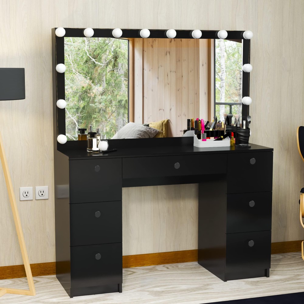 Boahaus Yara Black Vanity Makeup Desk With Hollywood Vanity Mirror, Add-On Lights, 7 Drawers, Non-Glass Top, Makeup Table With Basic Knobs For Bedroom