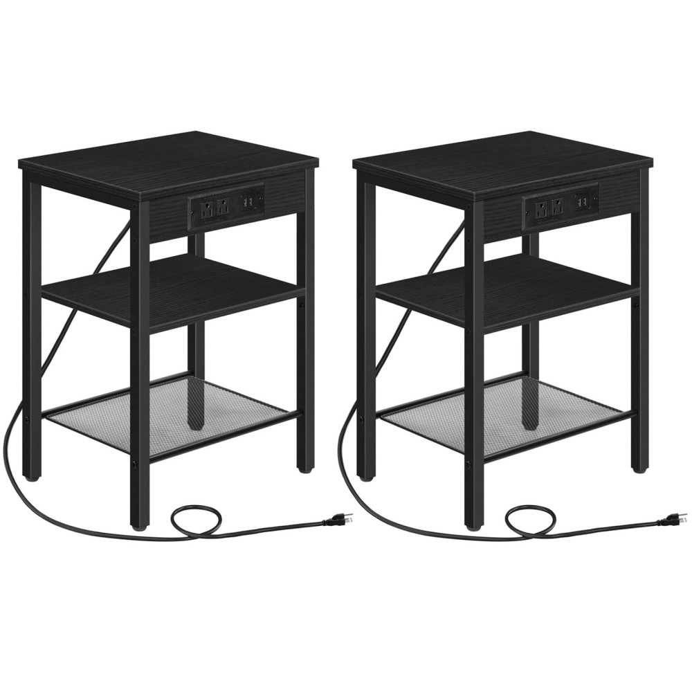 Hoobro End Table Set Of 2 With Charging Station And Usb Ports 3Tier Nightstands With Adjustable Shelf Small Side Tables For S