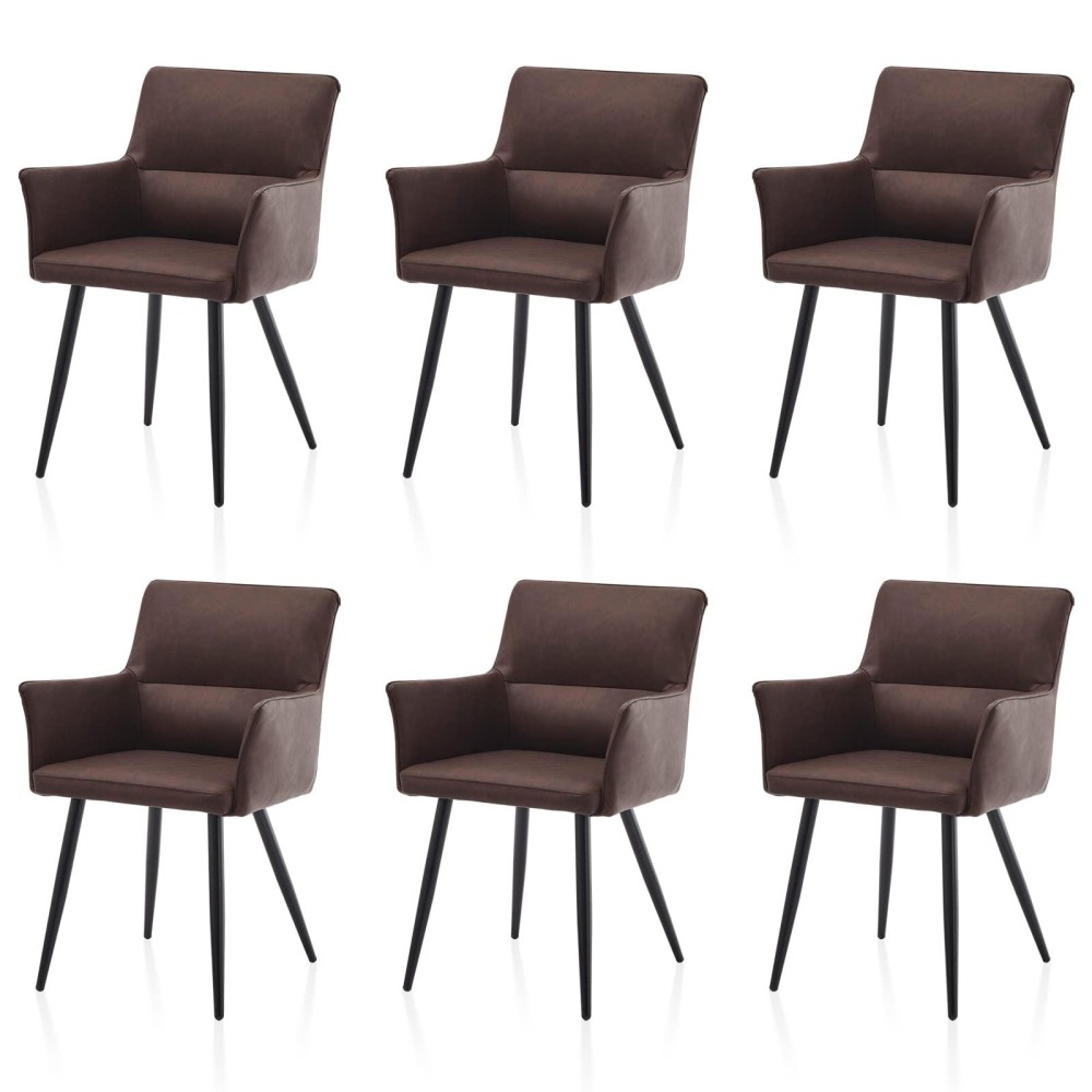 Tukailai Leisure Dining Chairs Set Of 6, Faux Leather Upholstered Seat Kitchen Chairs With Armrests, Backrest And Metal Legs, Comfy Accent Lounge Chair For Reception Room Living Room (Brown)