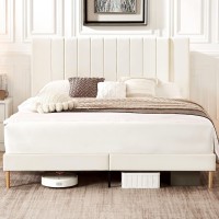 Flolinda King Size Platform Bed Frame With Velvet Upholstered Headboard And Wooden Slats Support Fully Upholstered Mattress Fou