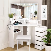 Vowner Vanity With Lights - Makeup Vanity Desk With Power Outlet, 3 Color Lighting Options Brightness Adjustable, Vanity Table With 5 Rotating Drawers, Shelves And Stool, Corner Vanity For Women Girls