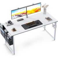 Odk Computer Writing Desk 48 Inch, Sturdy Home Office Pc Table, Work Desk With Storage Bag And Headphone Hook, White + White Leg