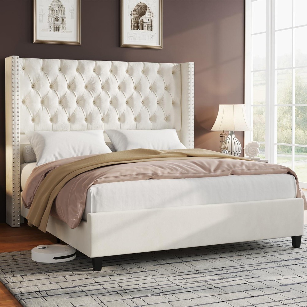 Jocisland Queen Upholstered Bed Frame With Tall Headboard Wingback Platform Bed Tufted Deep Button Velvet/No Box Spring Needed/Easy Assembly/Cream