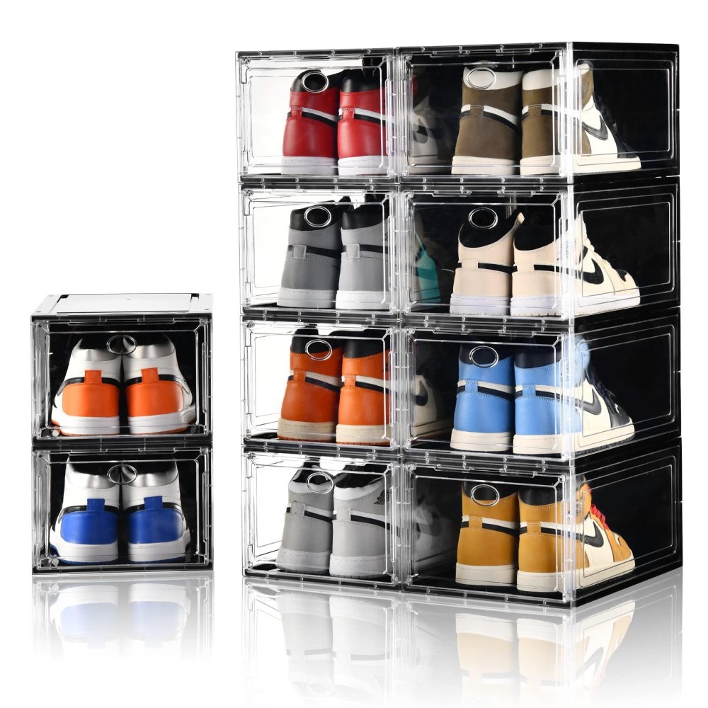 Amllas 10 Pack Shoe Boxes Stackable Upgraded Sturdy Storage Boxes With Clear Magnetic Door Multifunctional Sneaker Organizer Fit