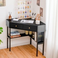 Ifanny Corner Desk With Drawers, 90 Degrees Triangle Desk W/Storage Shelves And Metal Frame, Corner Writing Desk, Corner Makeup Vanity Table, Small Corner Desks For Small Spaces (Black)