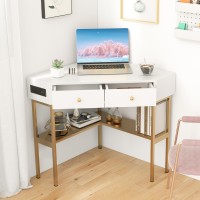 Ifanny Corner Desk With Power Outlet, 90 Degrees Triangle Desk W/Storage Shelves And Drawers, Corner Makeup Vanity Table, Corner Desks For Small Spaces, Small Corner Desk For Bedroom, Study (Gold)