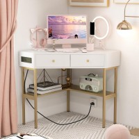 Ifanny Corner Desk With Power Outlet, 90 Degrees Triangle Desk W/Storage Shelves And Drawers, Corner Makeup Vanity Table, Corner Desks For Small Spaces, Small Corner Desk For Bedroom, Study (Gold)