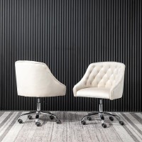 Cream Velvet Tufted Swivel Task Chair with Silver Base and Wheels