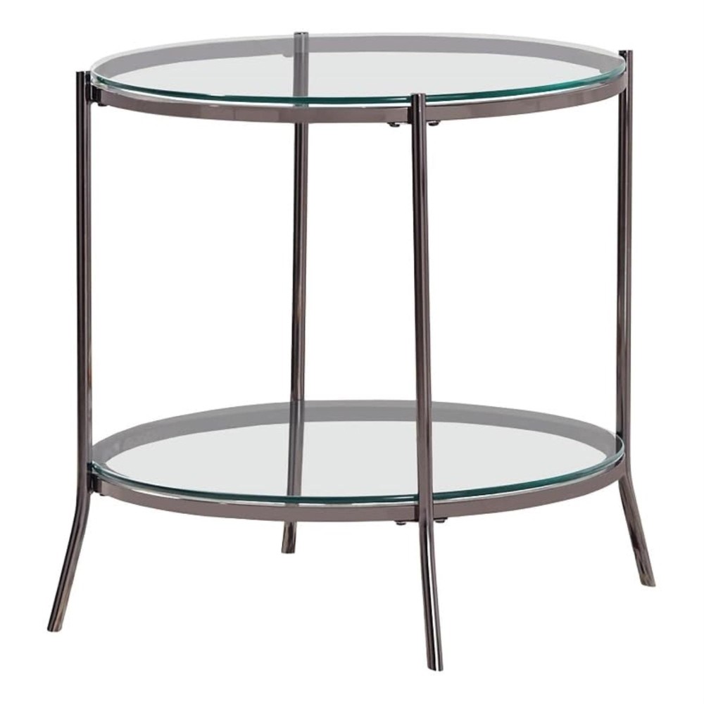 Laurie Round Glass Top End Table Black Nickel and Clear