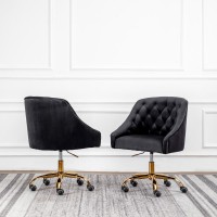 Black Velvet Tufted Swivel Task Chair with Gold Base and Wheels