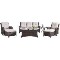 Hummuh Patio Furniture Set 7 Pieces Wicker Outdoor Sectional Sofa With Swivel Rocker Chairs Coffee Side Table Outdoor Ottomans F