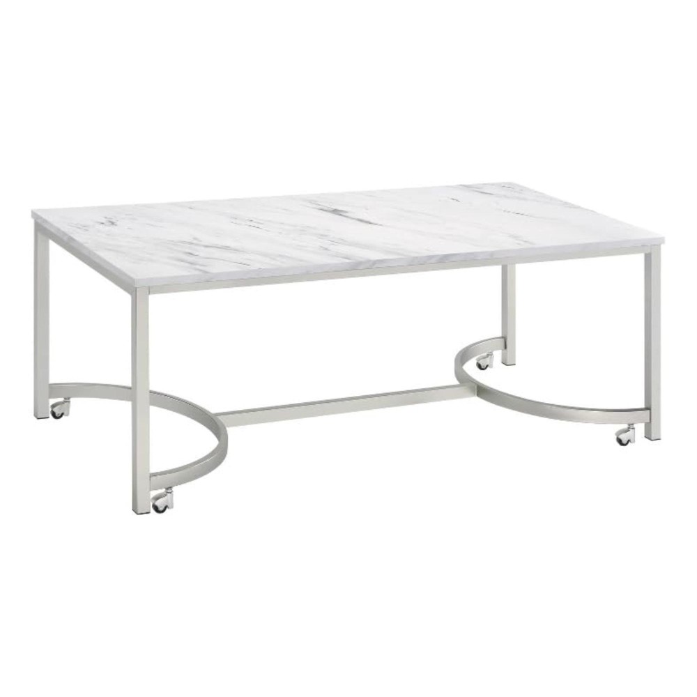 Leona Coffee Table with Casters White and Satin Nickel