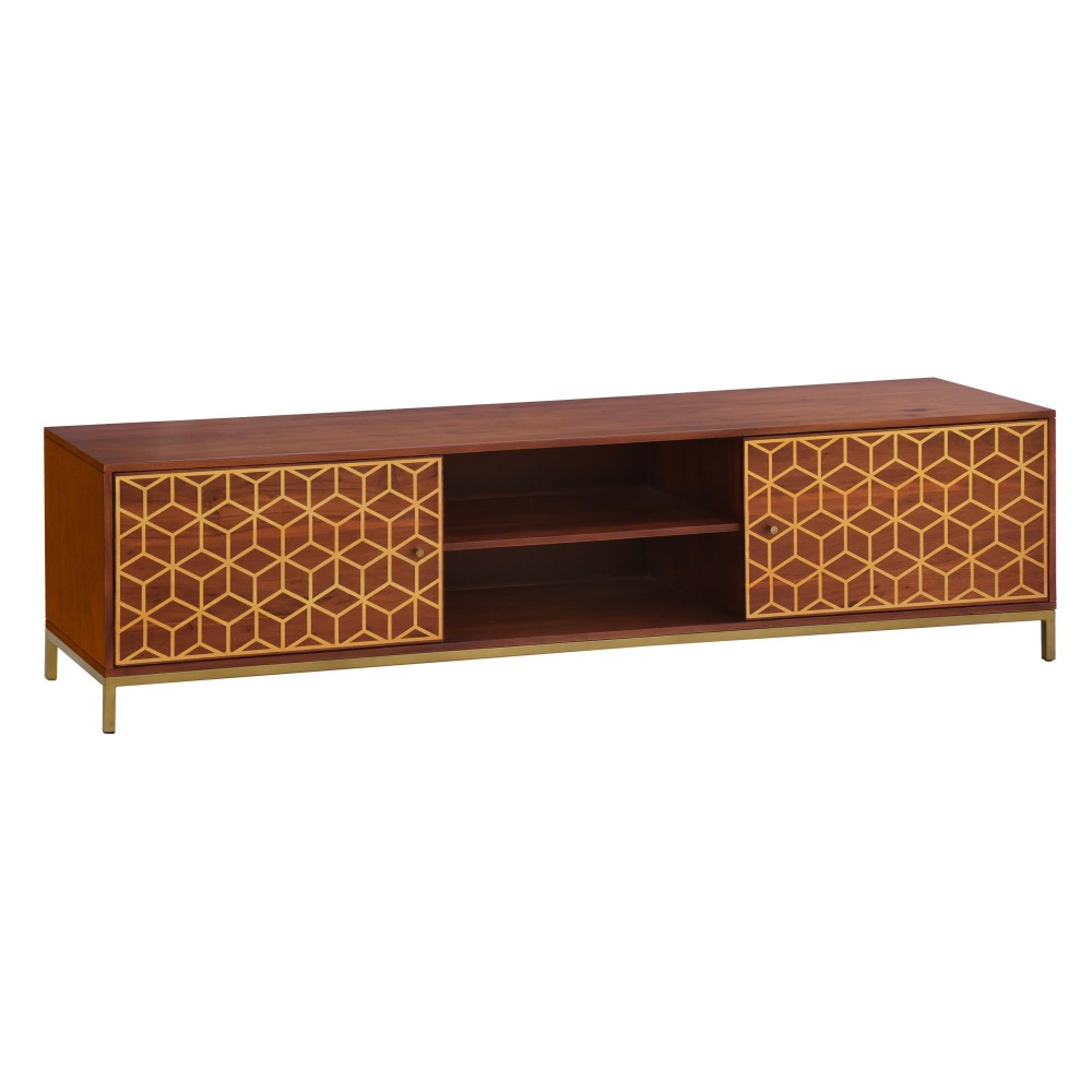 Kalyn 75 Inch Handcrafted TV Media console Entertainment center, 2 Doors, center Shelf, geometric Screen Printed Design, Brown Acacia Wood, Brass(D0102H5T3Y6)