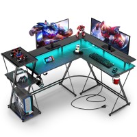 Seven Warrior L Shaped Gaming Desk With Led Lights & Power Outlets, 50??Reversible Computer Desk With Storage Shelf & Monitor Stand, Corner Desk With Cup Holder, With Headphone Hook, Black