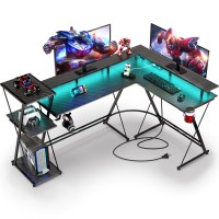 Seven Warrior L Shaped Gaming Desk With Led Lights & Power Outlets, 58??Reversible Computer Desk With Storage Shelf & Monitor Stand, Corner Desk With Cup Holder, With Headphone Hook, Black