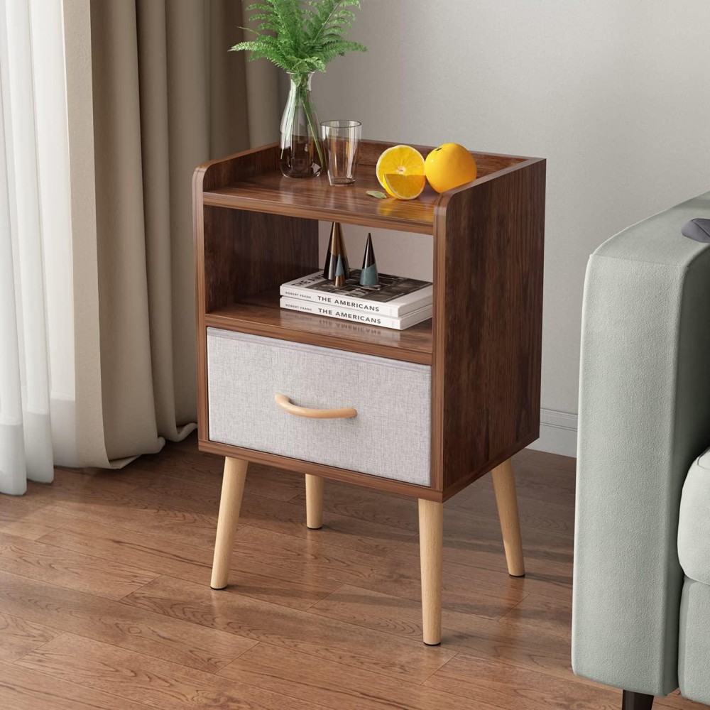 Lucknock Nightstand With Fabric Drawer, Bedside Table With Solid Wood Legs, Minimalist And Practical End Side Table With Open Storage Shelf For Bedroom, Rustic Brown.