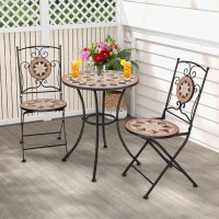 Tangkula 3 Pieces Patio Bistro Set, Outdoor Garden Furniture Set With Round Mosaic Coffee Table & 2 Folding Chairs, Portable Bistro Table & Chair Set For Balcony, Backyard, Poolside, Porch, Balcony