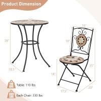 Tangkula 3 Pieces Patio Bistro Set, Outdoor Garden Furniture Set With Round Mosaic Coffee Table & 2 Folding Chairs, Portable Bistro Table & Chair Set For Balcony, Backyard, Poolside, Porch, Balcony