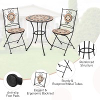 Tangkula 3 Pieces Patio Bistro Set, Outdoor Garden Furniture Set With Round Mosaic Coffee Table & 2 Folding Chairs, Portable Bistro Table & Chair Set For Balcony, Backyard, Poolside, Porch, Balcony