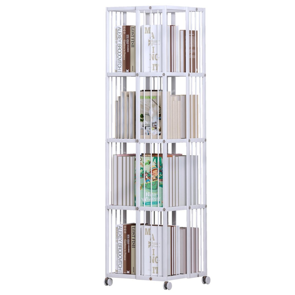 Huhote Rotating Bookcase White 4 Tiers Metal Bookshelf Large Capacity For Small Space With Storage And Creative Multi-Layer Shelves,Magazine&Books For Bedroom Living Room Study And Office