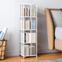 Huhote Rotating Bookcase White 4 Tiers Metal Bookshelf Large Capacity For Small Space With Storage And Creative Multi-Layer Shelves,Magazine&Books For Bedroom Living Room Study And Office