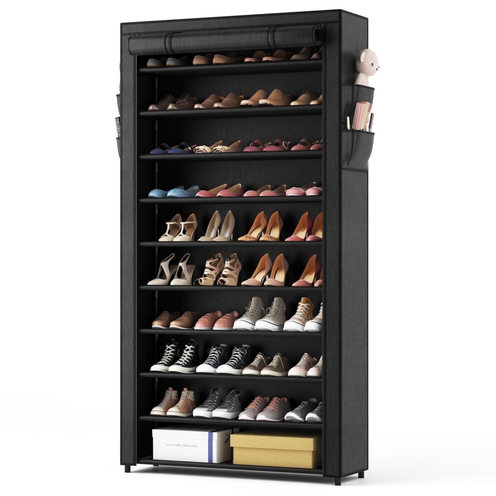 Rojasop 10 Tier Shoe Rack With Covers Large Capacity Stackable Tall Shoe Shelf Storage To 5055 Pairs Shoes And Boots Sturdy Met