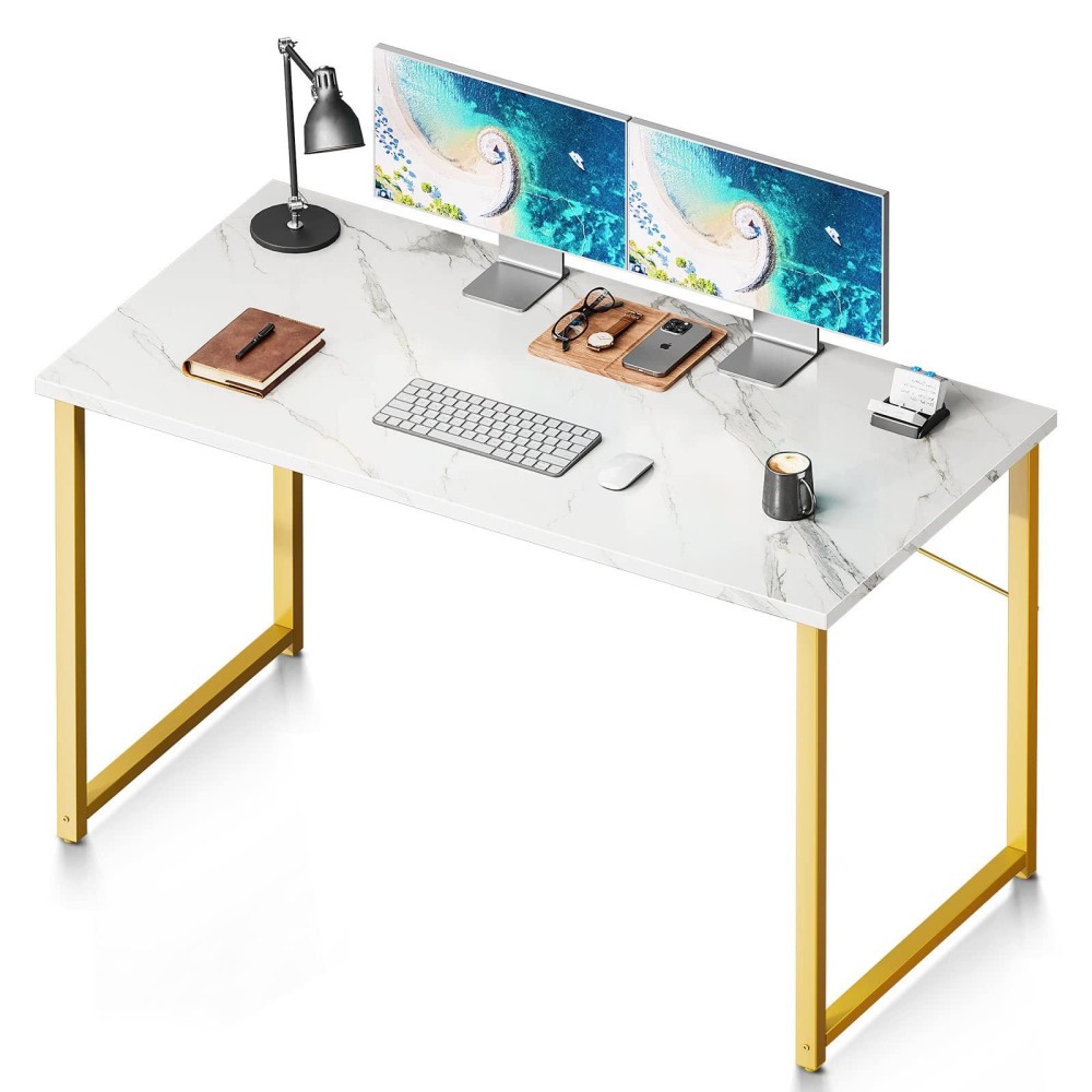 Coleshome 48 Inch Computer Desk, Modern Simple Style Desk For Home Office, Study Student Writing Desk, White Marble And Gold Leg