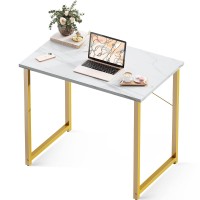 Coleshome 32 Inch Computer Desk, Modern Simple Style Desk For Home Office, Study Student Writing Desk, White Marble And Gold Leg