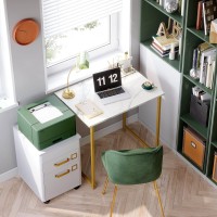 Coleshome 32 Inch Computer Desk, Modern Simple Style Desk For Home Office, Study Student Writing Desk, White Marble And Gold Leg