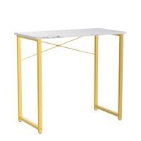 Coleshome 32 Inch Computer Desk, Modern Simple Style Desk For Home Office, Study Student Writing Desk, White Marble And Gold Leg