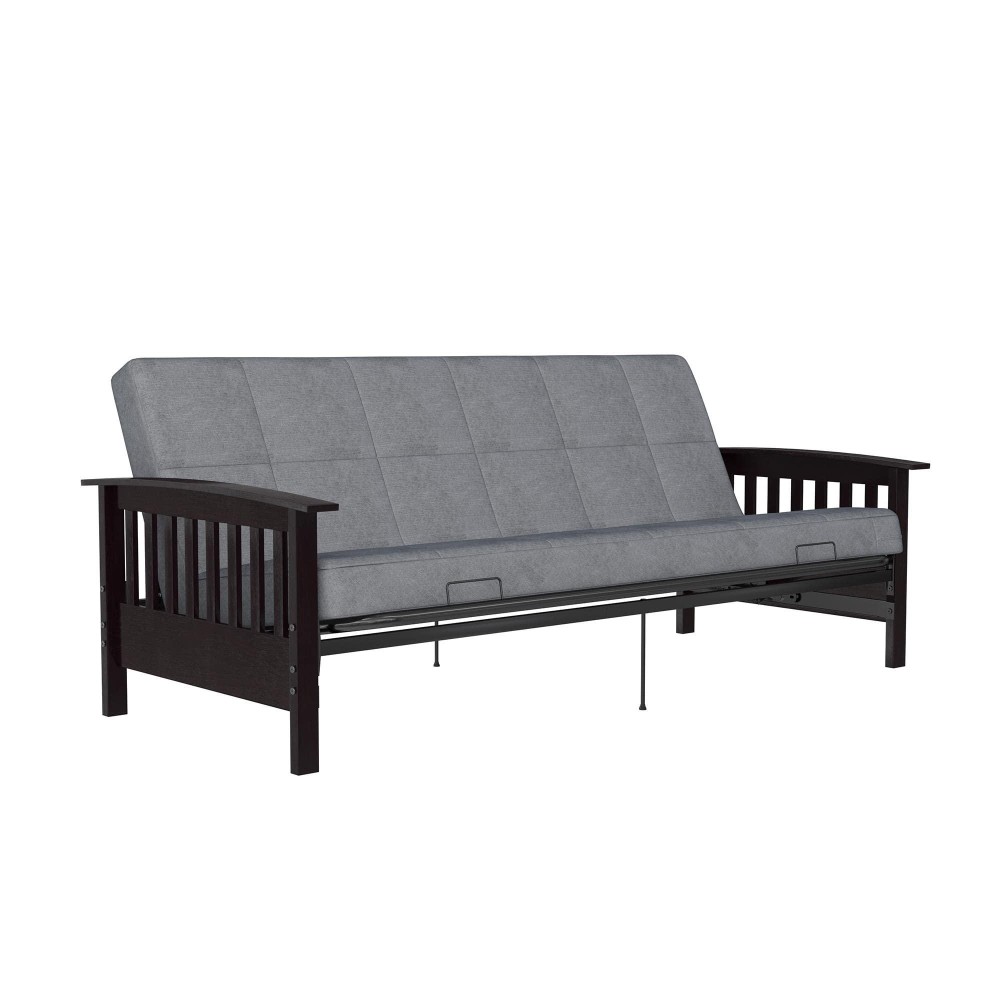 Dhp Brixen Espresso Wood Arm Metal Futon Frame With 6-Inch Mattress, Full, Gray