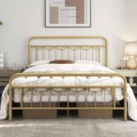 Yaheetech Queen Size Bed Frame With Vintage Headboard And Footboard, Farmhouse Platform, Heavy Duty Steel Slat Support, Ample Under-Bed Storage, No Box Spring Needed, Antique Gold