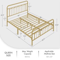 Yaheetech Queen Size Bed Frame With Vintage Headboard And Footboard, Farmhouse Platform, Heavy Duty Steel Slat Support, Ample Under-Bed Storage, No Box Spring Needed, Antique Gold