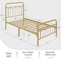 Yaheetech Twin Size Metal Bed Frame With Vintage Headboard And Footboard, Farmhouse Platform Bed, Heavy Duty Steel Slat Support, Ample Under-Bed Storage, No Box Spring Needed, Antique Gold