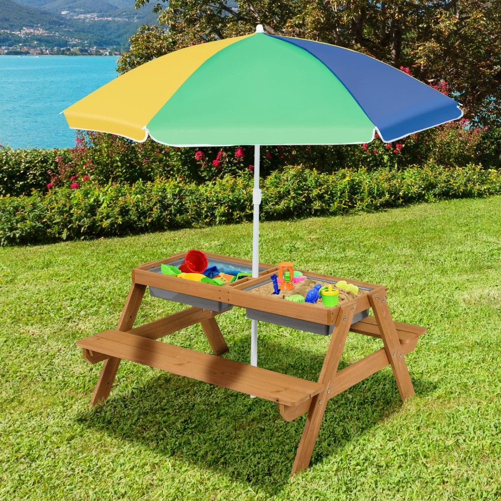 Kotek Kids Picnic Table, 4 In 1 Sand And Water Table W/Detachable Tabletop, 2 Removable Play Boxes, Foldable & Height Adjustable Umbrella, Wood Sensory Table And Bench For Outdoors, Indoors (Colorful)