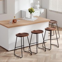 Heugah Bar Stools Set Of 4, Saddle Seat Bar Stools With Metal Legs, Rustic Backless Counter Height Stools, Industrial Counter Stools (Walnut, 26 Inch)