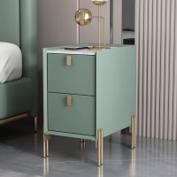 Mid-Century Narrow Side Table|Modern Bedside End Table with 2 Storage Drawers|Minimalist Sintered Stone Countertop Nightstand for Small Spaces,Green,25x35x55cm(9.8x13.7x21.6in)