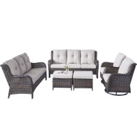 Rilyson Wicker Patio Furniture Set 6 Piece Rattan Outdoor Sectional Conversation Sets With 2 Rocking Swivel Chairs 2 Ottomans