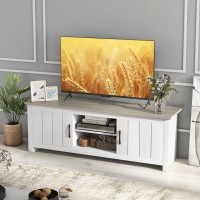 Tangkula 2 Doors Tv Stand For Tvs Up To 65?? 57??Tv Console Table W/ 2 Cabinets & Open Shelves, 2 Cable Management Holes. Wood Media Entertainment Center Tv Cabinet For Living Room (White Oak)