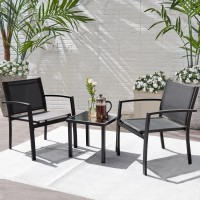 Flamaker Patio Chairs 3 Piece Outdoor Textilene Fabric Bistro Conversation Set With Side Table All Weather Porch Furniture For Balcony, Poolside, Lawn (Black)