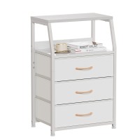 Furnulem White Dresser With 3 Drawers And 2-Tier Shelf, Small Nightstand End Table Side Furniture, Storage Organizer Fabric Dresser For Bedroom, Closet, Hallway, Nursery, Sturdy Steel Frame, Wood Top
