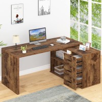 Hsh L Shape Home Office Desk With Drawers Lshaped Computer Desk With Storage Cabinet Shelves Wood Executive Desk For Writing