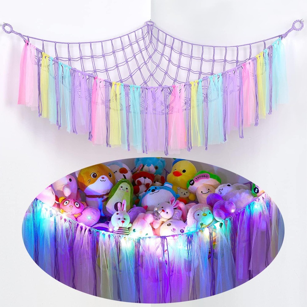 Fiobee Stuffed Animals Net Or Hammock With Led Light, Toy Hammock Hanging Stuffed Animals Storage Organizer Holder Room D?Cor With Tassels For Nursery Play Room Kids Bedroom