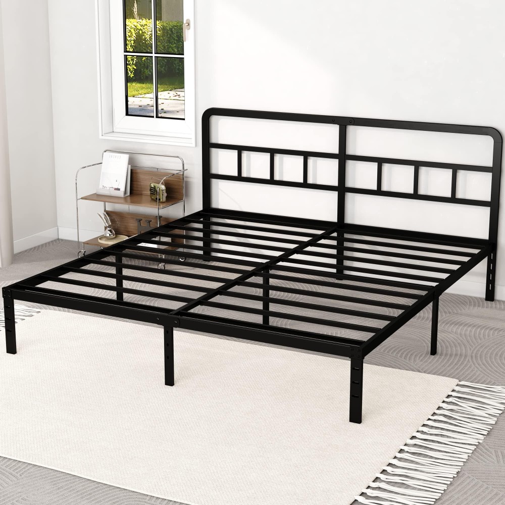 Diaoutro Metal Platform King Bed Frame With Headboard, 14 Inch No Box Spring Needed Heavy Duty Steel Slat Mattress Foundation/Easy Assembly/Noise Free/Black