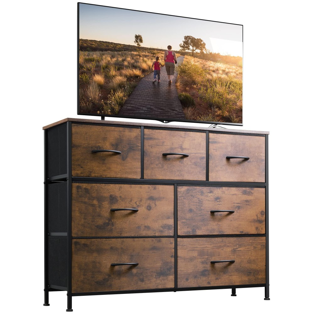 Wlive Dresser Tv Stand, Entertainment Center With Fabric Chest Of Drawers For Bedroom, Media Console Table With Metal Frame And Wood Top For Tv Up To 45 Inch, Rustic Brown Wood Grain Print