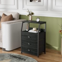 Furnulem Black Night Stand Small Dresser For Bedroom Nightstand With 3 Fabric Storage Drawers And 2Tier Shelf End Table Side