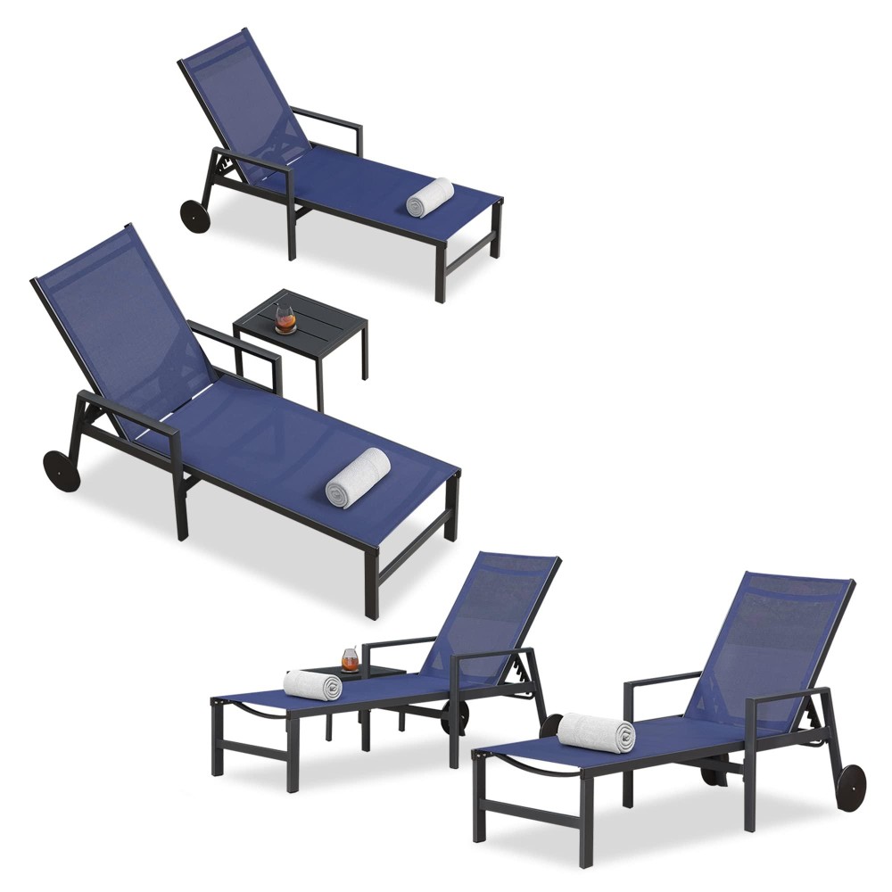 Purple Leaf Patio Chaise Lounge 4 Pieces Aluminum Recliner Chair With Wheels And Armrests Lounger For Pool Lawn Navy Blue Outdoo