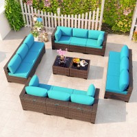 Kullavik 14 Pieces Outdoor Patio Furniture Set Outdoor Sectional Rattan Sofa Set Brown Manual Wicker Patio Conversation Set With Blue Cushions,2 Tempered Glass Tea Table And Cushions Covers