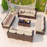 Kullavik 14 Pieces Outdoor Patio Furniture Set Outdoor Sectional Rattan Sofa Set Brown Manual Wicker Patio Conversation Set With Sand Cushions,2 Tempered Glass Tea Table And Cushions Covers