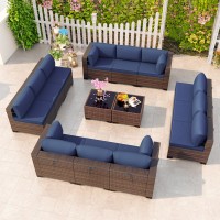 Kullavik 14 Pieces Outdoor Patio Furniture Set Outdoor Sectional Rattan Sofa Set Brown Manual Wicker Patio Conversation Set With Navy Blue Cushions,2 Tempered Glass Tea Table And Cushions Covers